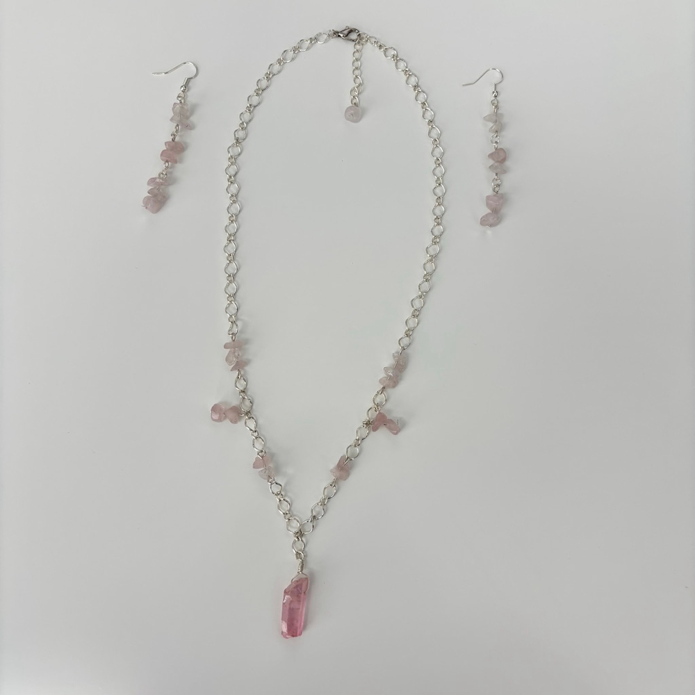Handmade Beaded Necklace and Earrings Set Rose Quartz